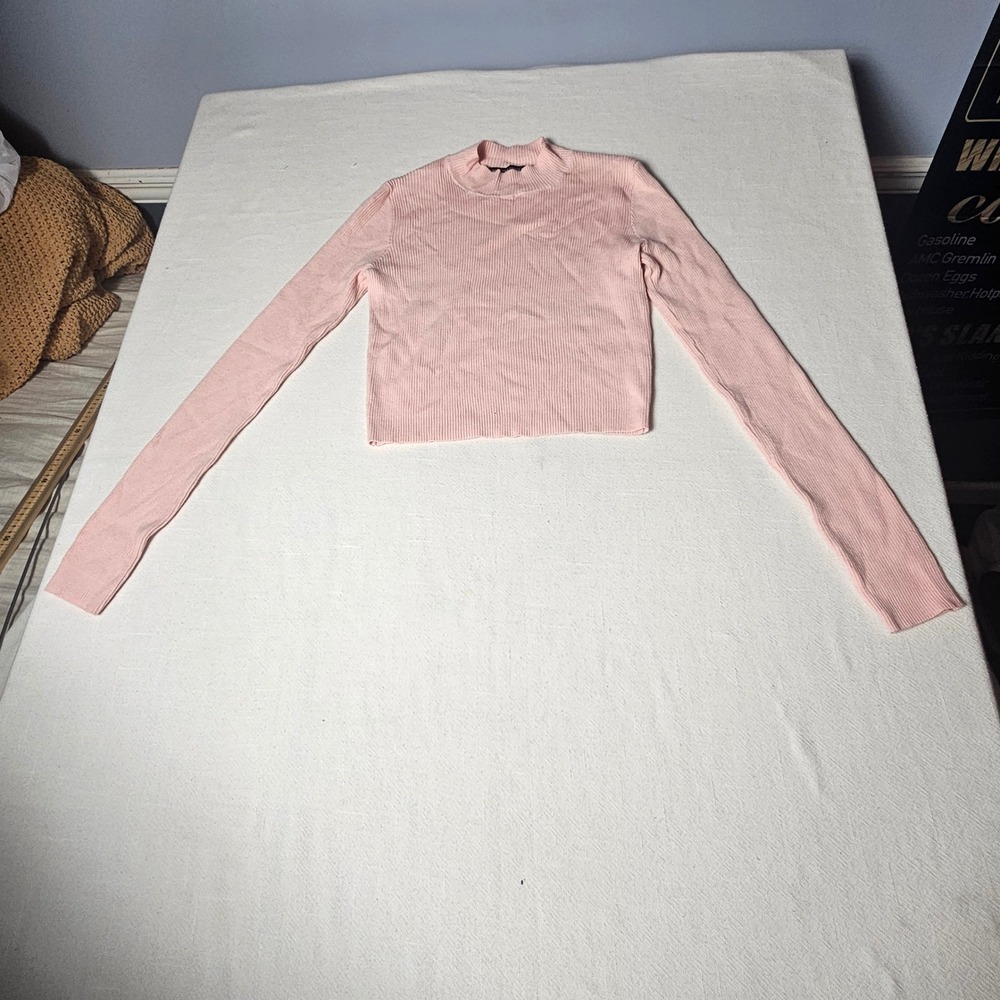 Brandy Melville Pink Ribbed Mock Neck Cropped Long Sleeve Sweater MZH170 OS